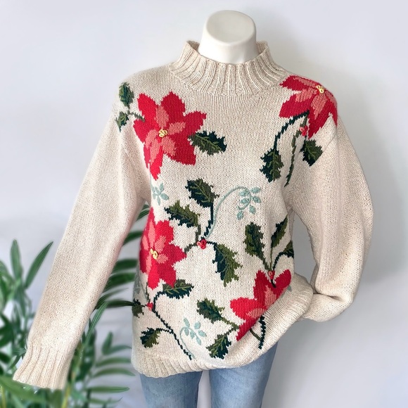 v i n t a g e :: Oversized Poinsettia Embroidered Christmas Sweater - Picture 2 of 12